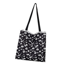 Delicate Lace Accent Underarm Purse Soft Canvas-Black Flowers