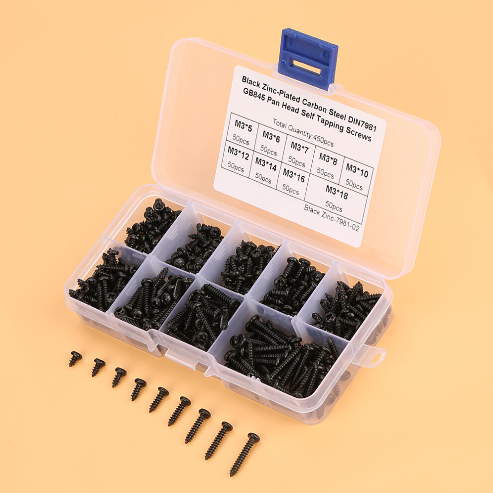 450Pcs Black M3 Cross Pan Head Self Tapping Screws Set Assortment Kit 4131362714833