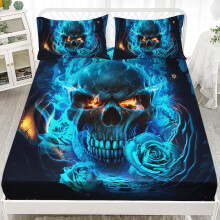 Boys Skull Fitted Sheet Set Queen Size 3D Blue Fire Gothic Bedding 3Piece, 1 Fitted Sheet 2 Pillowcases Skull136 Queen