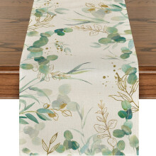 Chemin de table printanier en lin, rehausse la décoration de votre table à manger avec sa verdure et son eucalyptus, idéal pour les fêtes à la