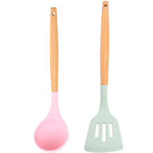 Set de ustensile de gătit antiaderente, spatulă din silicon cu mâner ergonomic din lemn pentru vase de gătit antizgârieturi, silicon K rezistent