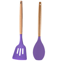 Set de ustensile de gătit, ustensile din silicon rezistente la căldură, vase de gătit antiaderente, mânere din lemn de salcâm, spatulă solidă