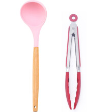 Set de ustensile de bucătărie cu mâner din lemn, rezistente la mașina de spălat vase, non-toxice, 2 bucăți, rezistente la zgârieturi pentru