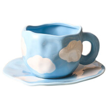 Versatile Use, Ergonomic Handle Aesthetic Coffee Cup 320ml with Japanese Hand Painted Blue Sky and White Clouds Design for Home Office, Dishwasher Saf