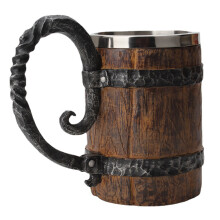 Viking stílusú söröskorsó, egyedi ajándékötlet fesztiválra, kézzel festett, élelmiszeripari minőségű fahordó imitáció, dupla falú