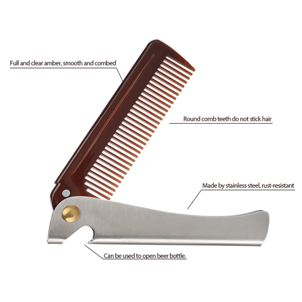 Unisex Folding Stainless Steel Beard & Moustache Comb With Round Teeth For Travel