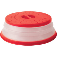 Efficiënte magnetronplaatafdekking, opvouwbaar voor compacte opslag, voorzien van spatbescherming, stoomopening en handgreep, inclusief zeef.