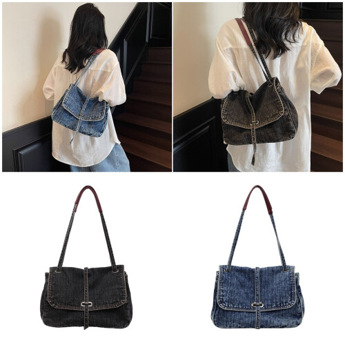 Oversized Retro Jeans Bag Women Multi Compartment-Blue 2