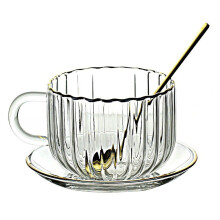 Tasses à café en verre vintage, résistantes et adaptées aux boissons chaudes et froides, élégant motif à rayures, anse couleur ambre, ensemble
