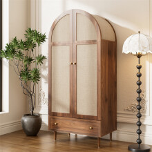 Walnut-Look Wardrobe with Fabric Doors & Drawer