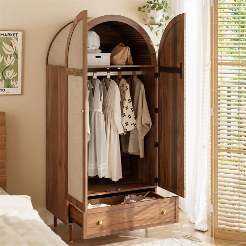 Walnut-Look Wardrobe with Fabric Doors & Drawer 2