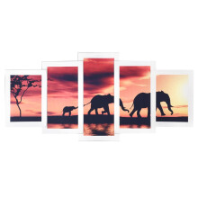 5-teiliges rahmenloses Wandbild „Elefanten im Sonnenuntergang“