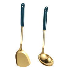 Ustensile de gătit din oțel inoxidabil auriu, 2 bucăți cu mâner ceramic, design elegant și margine zimțată pentru tăiere precisă