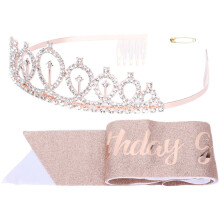 Geburtstagskind-Schärpe, Tiara, roségoldener Glitzer
