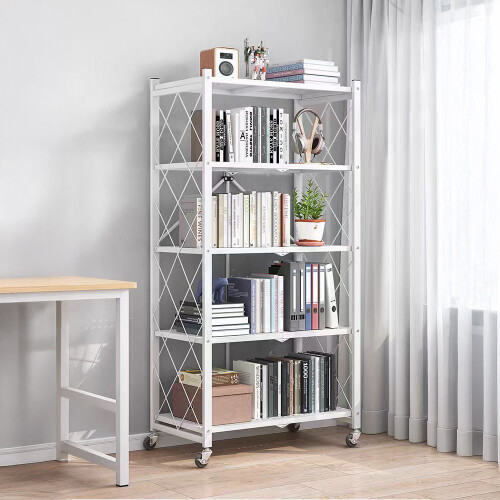 Living And Home 5-Tier Foldable Metal Storage Shelf with Casters, White