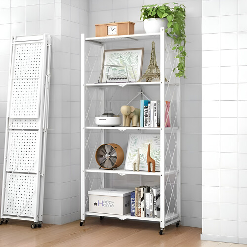 Living And Home 5-Tier Foldable Metal Storage Shelf with Casters, White 1