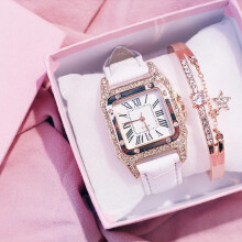 Relojes de cuarzo para mujer, reloj analógico de diamantes con esfera cuadrada estrellada, conjunto de pulsera con correa de cuero para muje
