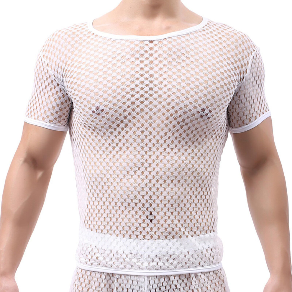 White Mesh Shirt Men's Ribbed Tank Sleeveless Mesh Shirt, Transparent Clubwear, Striped Mesh Tank