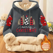 (Dark Gray, 6) Women's Red Plaid & Christmas Tree Print Fleece-Lined Hooded Sweater Jacket - Thick Warm Polyester Winter Coat with Whit