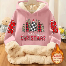 (Pink Color, 10) Women's Red Plaid & Christmas Tree Print Fleece-Lined Hooded Sweater Jacket - Thick Warm Polyester Winter Coat with Whit