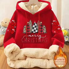 (Red, 10) Women's Red Plaid & Christmas Tree Print Fleece-Lined Hooded Sweater Jacket - Thick Warm Polyester Winter Coat with Whit