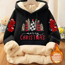 (Black, 8) Women's Red Plaid & Christmas Tree Print Fleece-Lined Hooded Sweater Jacket - Thick Warm Polyester Winter Coat with Whit