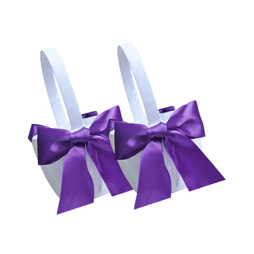 (Purple) 2 Pieces Bowknot Flower Basket Wedding Ring Bearer Baskets Solid Color-image-OPC-PN5B82Y-NEW