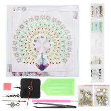 Reloj de pared con pintura de diamantes y pavo real para colgar.