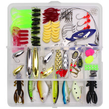 Conjunto de 101 iscas de pesca variadas, incluindo spinners, iscas VIB, anzóis triplos, anzóis simples, giradores, alicate e caixa de pesca.