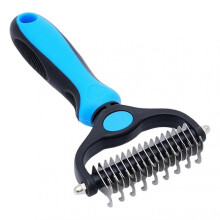 (L, Blue) Dematting Deshedding Brush for Cats Dogs Double-sided Undercoat Rake Comb Ergonomic Handle Pet Grooming Comb