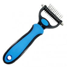 (S, Blue) Dematting Deshedding Brush for Cats Dogs Double-sided Undercoat Rake Comb Ergonomic Handle Pet Grooming Comb
