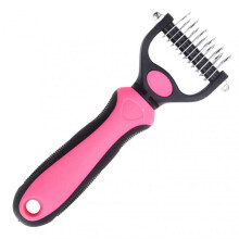 (S, Rose red) Dematting Deshedding Brush for Cats Dogs Double-sided Undercoat Rake Comb Ergonomic Handle Pet Grooming Comb