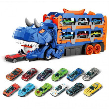(Blue) 3 in 1 Dinosaur Transport Truck Folding Dual Race Track with 12 Die-Cast Cars Lights Sounds Toy for Kids Ages 3-6