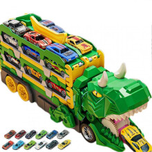 (Green) 3 in 1 Dinosaur Transport Truck Folding Dual Race Track with 12 Die-Cast Cars Lights Sounds Toy for Kids Ages 3-6