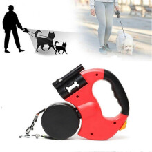 (Red) Dual Retractable Pet Leash with Led Lights Portable Cat Dog Walk Running Leads for Large Medium Small Dog