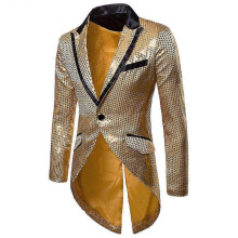 (2XL, Golden) Mens Sequin Tailcoat Swallowtail Suit Jacket Party Show Tux Dress Coat