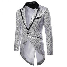 (S, Silver) Mens Sequin Tailcoat Swallowtail Suit Jacket Party Show Tux Dress Coat