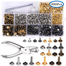 480 Ledernieten, Doppelnieten, 3 Größen, Metallrohrnieten mit Nietzange und 3-teiligem Befestigungswerkzeug, kompatibel mit Lederreparaturen