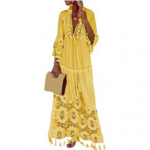 (3XL, Yellow) Bohemians Style Women V Neck Gradient Color Ruffle Long Sleeve Flowy Beach Dress For Women