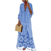 (5XL, Blue) Bohemians Style Women V Neck Gradient Color Ruffle Long Sleeve Flowy Beach Dress For Women