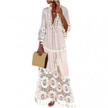 (5XL, Beige) Bohemians Style Women V Neck Gradient Color Ruffle Long Sleeve Flowy Beach Dress For Women