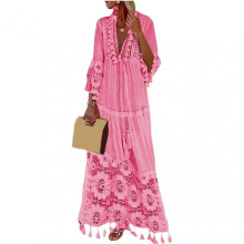 (S, Pink) Bohemians Style Women V Neck Gradient Color Ruffle Long Sleeve Flowy Beach Dress For Women