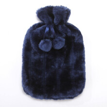 Water Bottle Cover Large Natural Rubber With Blue Faux Fur Pompom Removable Plush Winter Protective Case