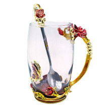 Kaffeetasse aus Glas mit Löffel, tolles Geschenkset, Retro-Blumenmuster, hitzebeständige Teetasse aus Borosilikatglas mit handbemalter Emaille,