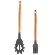 Set de ustensile de bucătărie versatile, lingură pentru spaghete din silicon non-toxic, mâner ergonomic din lemn, ustensile rezistente la