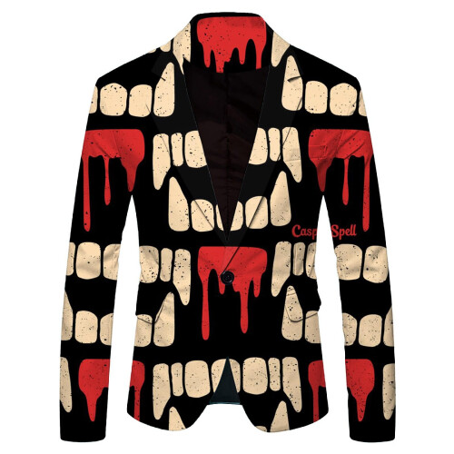 Suit Jacket Men's Halloween Print Horror Pattern Blazer Regular Fit Notch Collar Button Front Black Size S