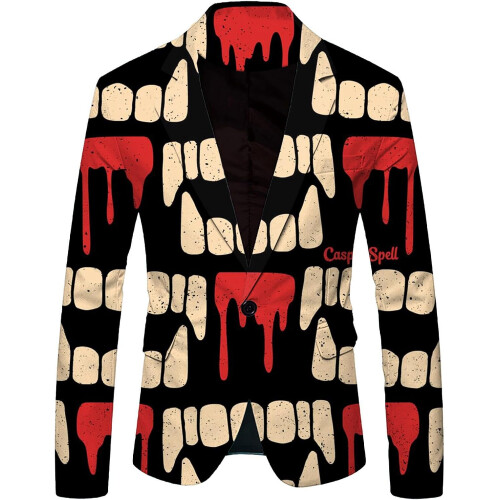 Suit Jacket Men's Halloween Print Horror Pattern Blazer Regular Fit Notch Collar Button Front Black Size S 2