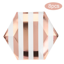 Conjunto de 8 peças de louça descartável de papel elegante para festas e eventos. Pratos em tom de ouro rosa com listras e design artístico,