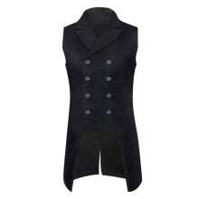 Men's Long Double Breasted Suit Vest Medieval Steampunk Jacquard Outfit Black Size M Vintage SlimFit Tuxedo Vest