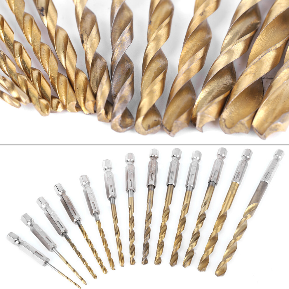 13Pcs High Speed Steel Titanium Coated Drill Bit Set 1.5-6.5Mm Hex Handle 4641362828800